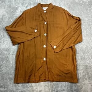 Jones & Co Linen Top Womens S Button Up Brown Minimalist Peasant Lagenlook